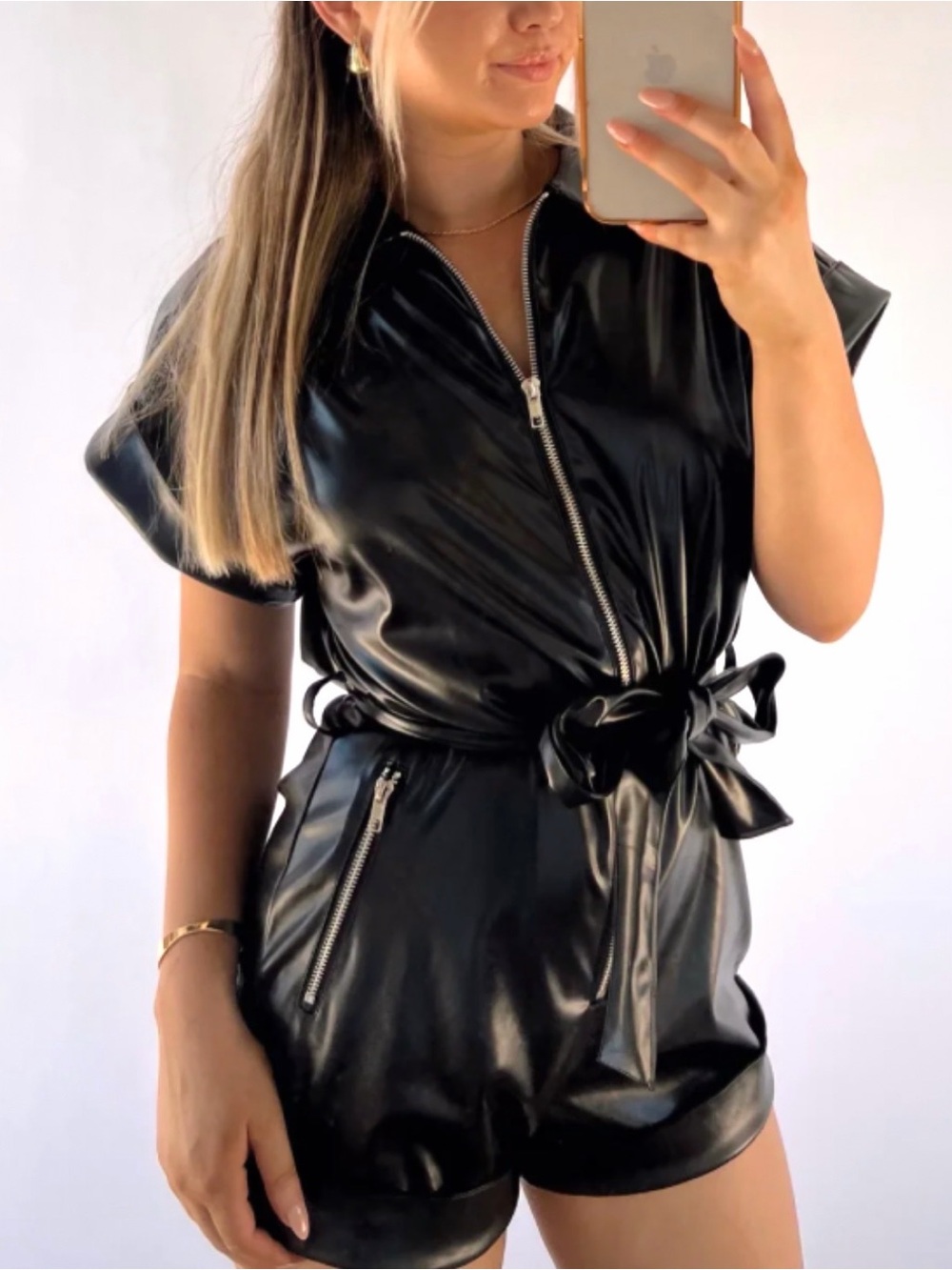 Day + Moon Black Faux Leather Zip-Up Romper